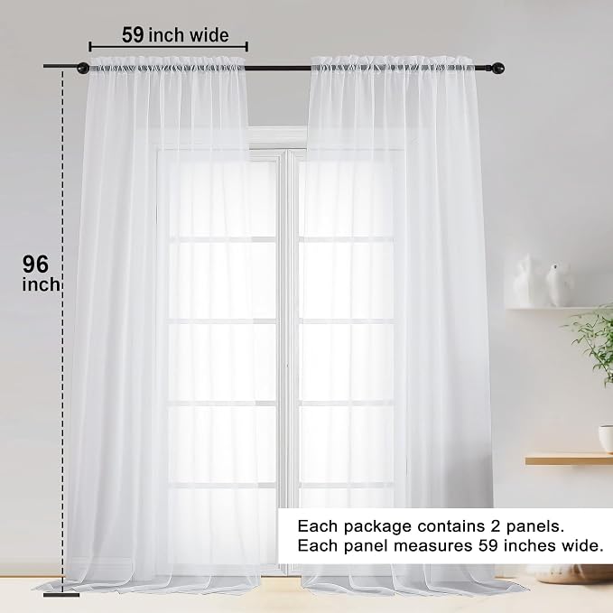 OWENIE Sheer White Curtains, Sheer Curtains 96 inches Long 2 Panels Set - Image 2