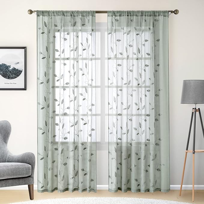 HOMEIDEAS Sage Green Sheer Curtains 52 X 96 Inches Long 2 Panels Embroidered - Image 2