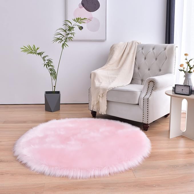 duduta Pink Faux Sheepskin Round Rug 4x4 ft, Fluffy Shag Fur Bedroom Nursery by duduta