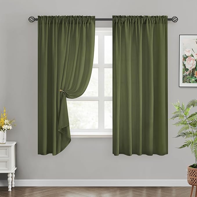 HOMEIDEAS Non-See-Through Olive Green Privacy Sheer Curtains, 52 X 63 Inches by HOMEIDEAS