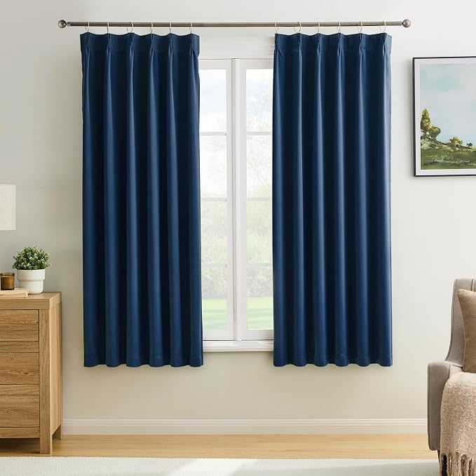 Dark Navy Blue Pleated Blackout Curtains 2 Panels Set, Thermal Insulated Room by KEQIAOSUOCAI
