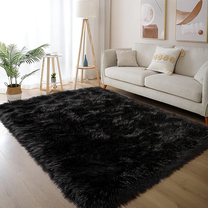 Latepis Black Rugs for Bedroom 3x5 Throw Rug Shag Washable Faux Fur Sheepskin - Image 7
