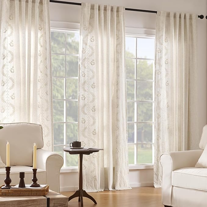 jinchan Belrose Lined Linen Blend Curtains Boho Floral Curtains - Image 2