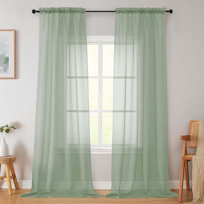 Sage Green Sheer Curtains for Bedroom Living Room 96 Inches Long 2 Panels by WelvetBLK