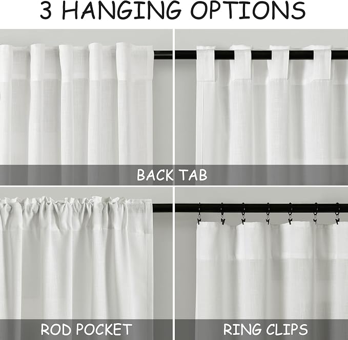 Off White Linen Curtains 108 Inches Long 2 Panels Set Back Tab Rod Pocket Semi - Image 3
