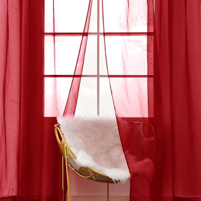 SpaceDresser Basic Rod Pocket Sheer Voile Window Curtain Panels Christmas Red 1 - Image 3