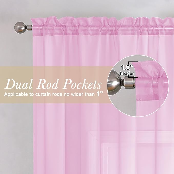 Lecloud Light Pink Sheer Curtains 36 Inch Length 2 Panels, Elegant Voile Cafe - Image 2