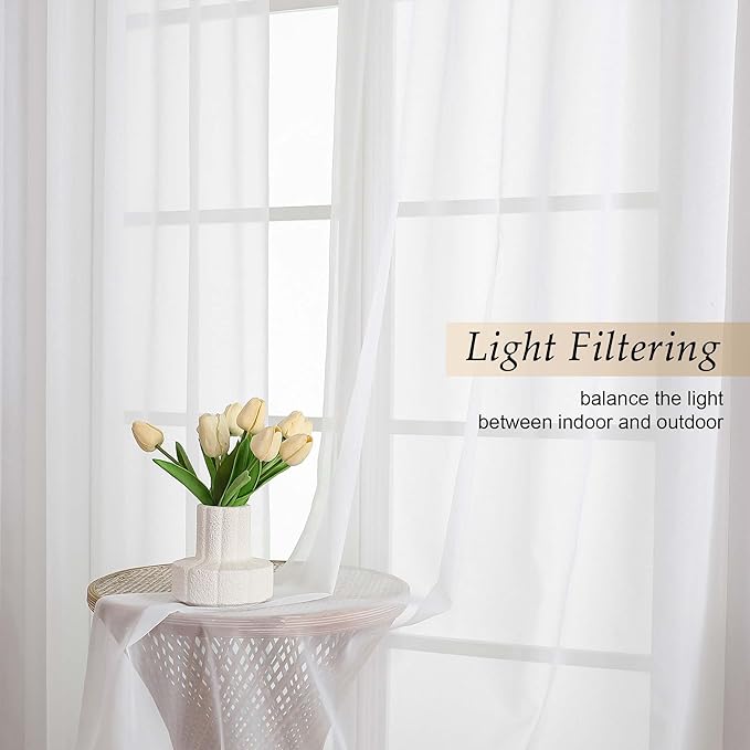 Sheer White Curtains for Bedroom Living Room 90 Inches Long 2 Panels Set - Image 2