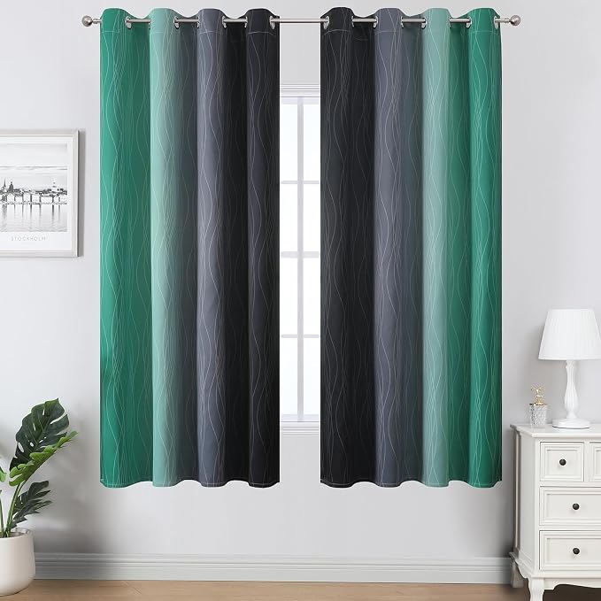 Estelar Textiler Black and Green Blackout Ombre Curtains - Image 2