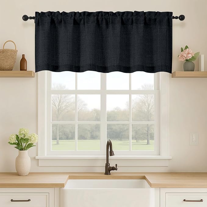 OVZME Black Valance for Windows, Light Filtering Faux Linen Textured Small by OVZME