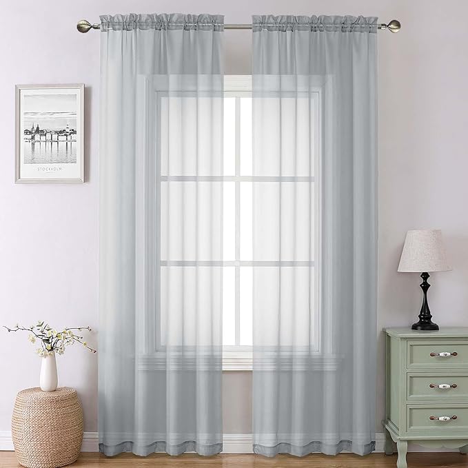 Lecloud Light Grey Sheer Curtains 90 Inches Long 2 Panels, Light Filtering by Lecloud
