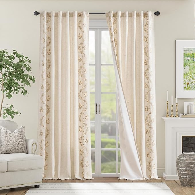 jinchan Belrose Lined Linen Blend Curtains Boho Floral Curtains - Image 3