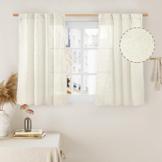 LAMIT Linen Curtains 40 Inch Length 2 Panels, Cream Ivory Semi Sheer Light by LAMIT