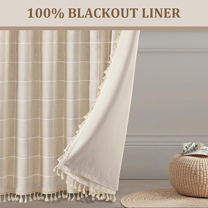 Boho Blackout White Plaid Curtains 84 Inch Beige Linen Blend Drapes - Image 3