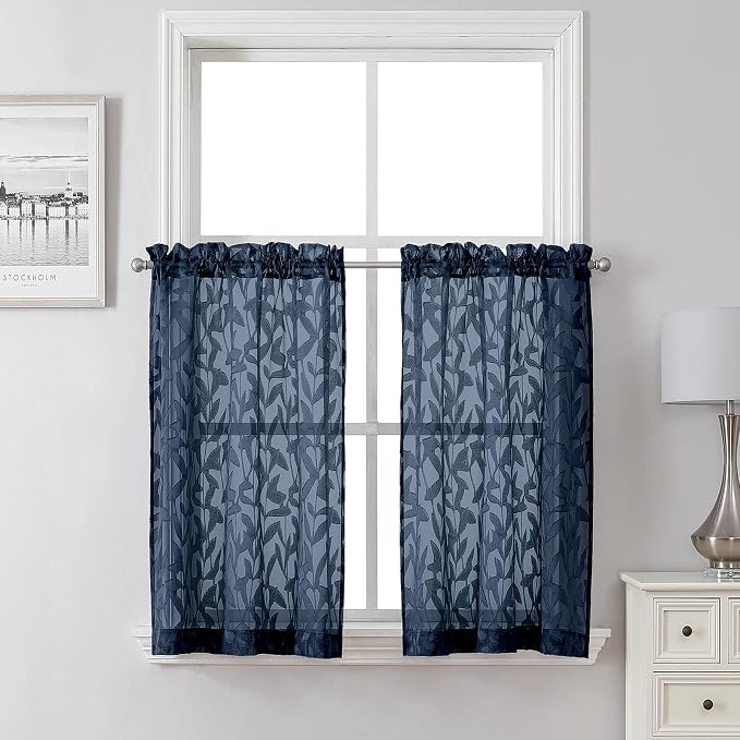 Lecloud Leia Navy Blue Sheer Kitchen Curtains 36 Inch Length 2 Panels, Jacquard by Lecloud