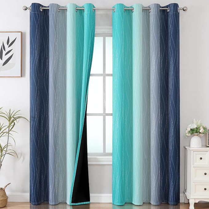 Estelar Textiler Navy Blue and Teal Gradient Blackout Curtains by ESTELARTEXTILER