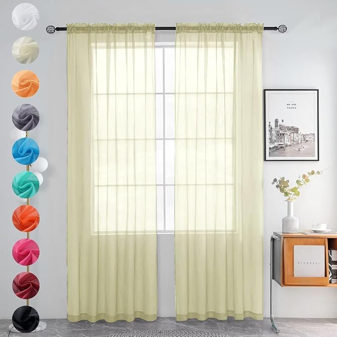 youleyar Solid Sheer Rod Pocket Curtain Voile Draperies 2 Panels White Beige by Youleyar