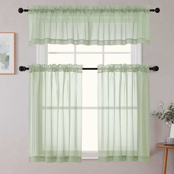 Kitchen Curtains 24 Inch Length Tier 2 Pieces, Light Green Sheer Curtain Solid - Image 8
