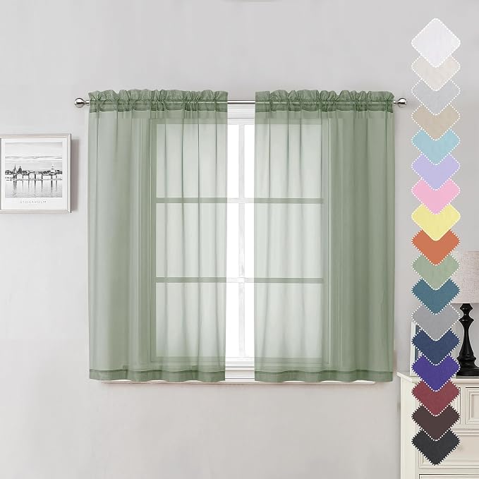 Lecloud Sage Green Sheer Curtains 45 Inch Long 2 Panels, Short Voile Drapes by Lecloud