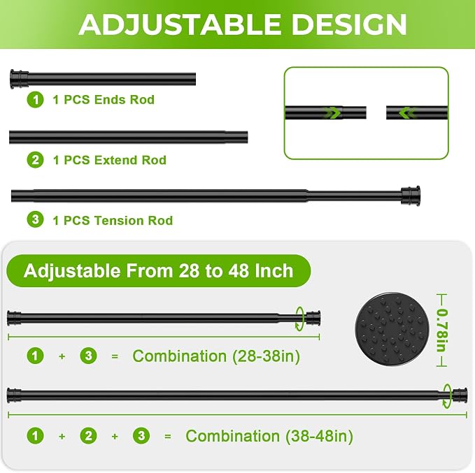 Spring Tension Rods 28-48 Inches No Drill Tension Curtain Rods Black Spring - Image 3