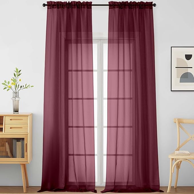 Burgundy Sheer Curtains 120 Inches Long 2 Panels, Extra Long Light Filtering by Home