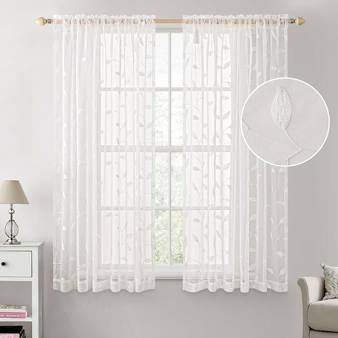 MIULEE White Sheer Curtains 2 Panels Embroidered Leaf Patterned Rod Pocket - Image 2