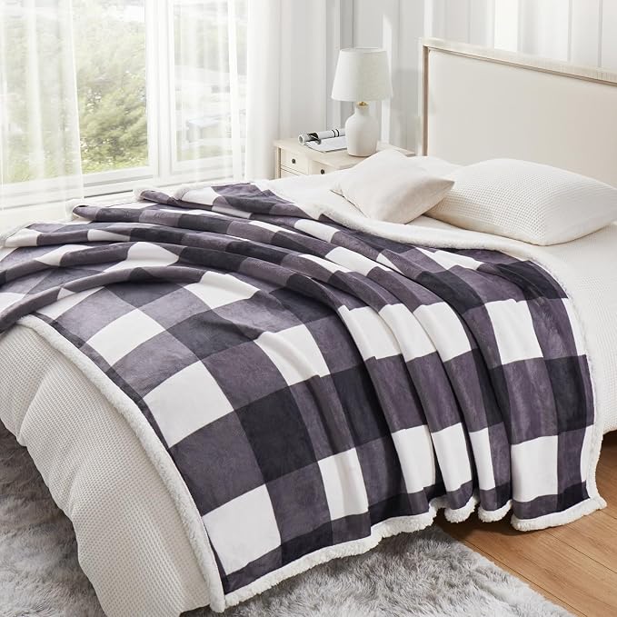 PU MEI Sherpa Blanket Fleece Throw Blanket Full Queen Plaid Thick Bed Blanket - Image 5