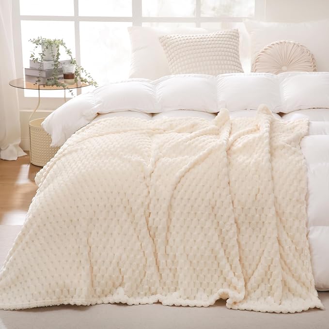 Puncuntex Cream White Throw Blanket 60"×80" inches Fuzzy 3D Jacquard Decorative - Image 3