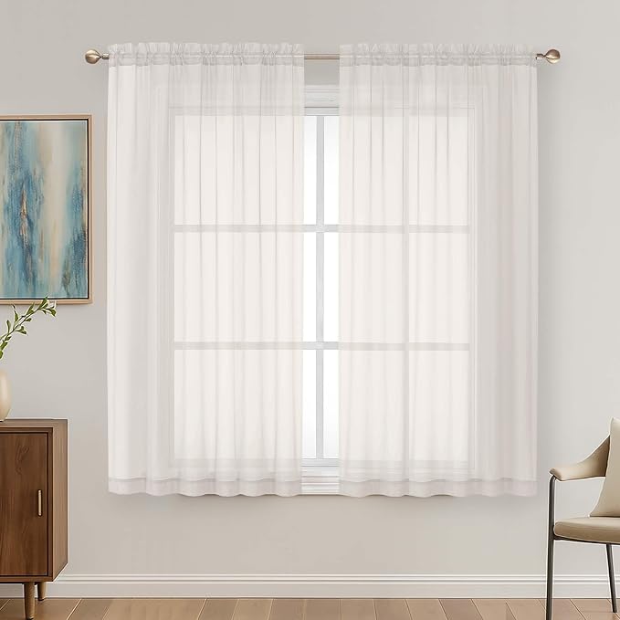 OVZME Ivory Sheer Curtains 63 Inches Long 2 Panels Set, Light Filtering Sheer by OVZME