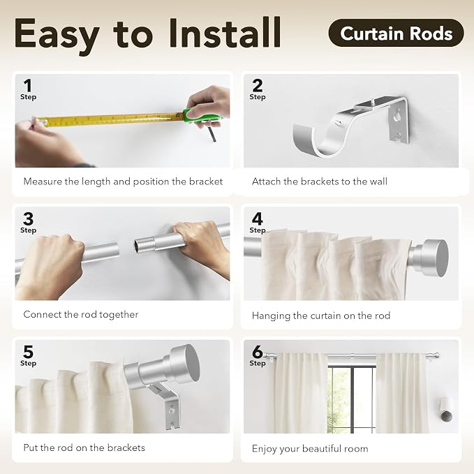 IFELS Heavy Duty Curtain Rods for Windows 66 to 120 Inch, 1 Inch Silver Curtain - Image 8