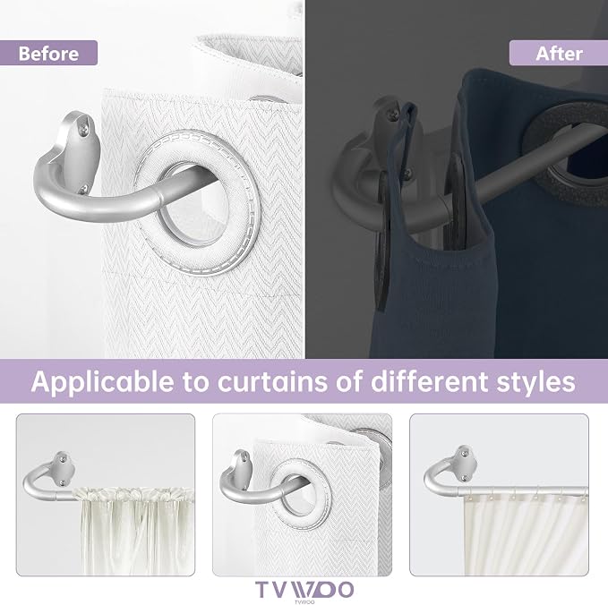 TVWOO Silver Wrap Around Curtain Rods:5/8 In Blackout Adjustable Window Curtain - Image 3