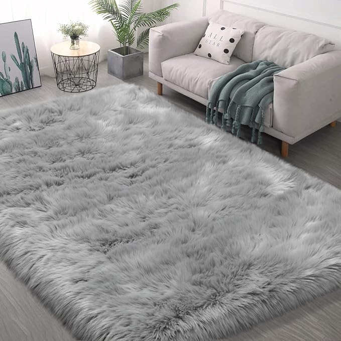 Faux Fur Area Rug, Indoor Plush Gray Floor Carpets - Image 7