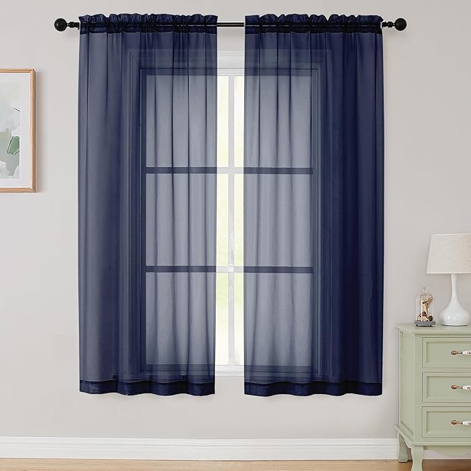 Sheer Navy Blue Curtains for Bedroom Living Room 63 Inch Length 2 Panels by WelvetBLK