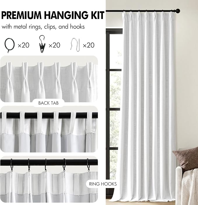 MIULEE White Pinch Pleated 100% Blackout Linen Curtains 40x90 Inches | Room - Image 8