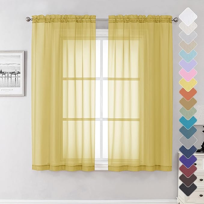Lecloud Yellow Sheer Curtains 63 Inch Length 2 Panels, Light Filtering Voile by Lecloud