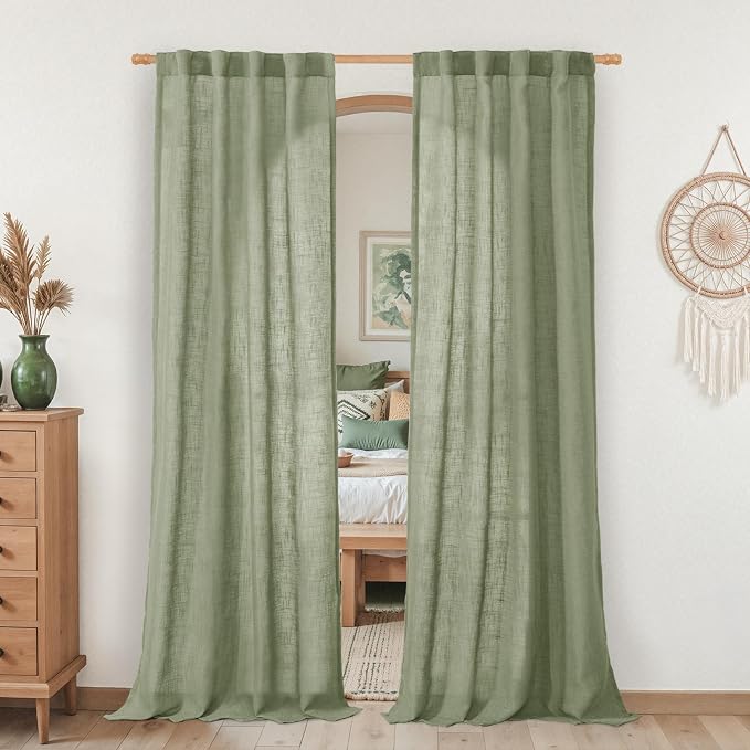 LAMIT Sage Green Linen Boho Curtains 80 inch Length 2 Panels, Light Filtering by LAMIT