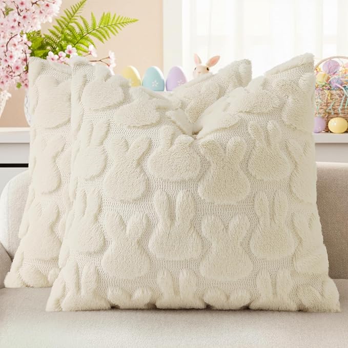 decorUhome Easter Bunny Pillow Covers 16x16 Inch Set of 2, Soft Plush Faux Wool by decorUhome