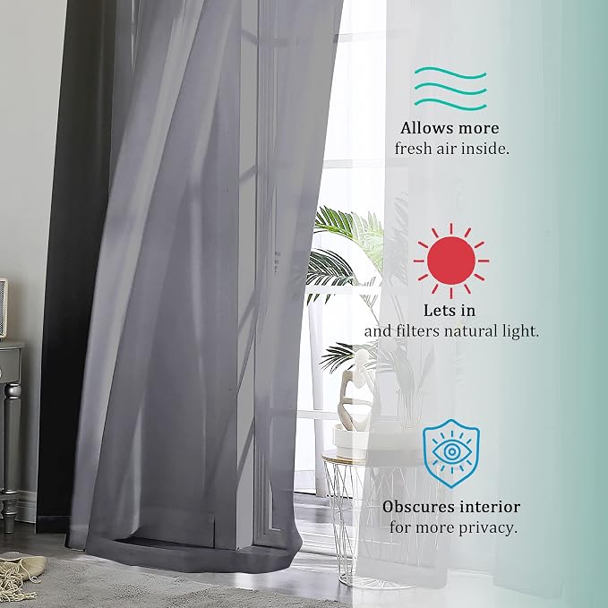 OWENIE Short Black Sheer Curtains 36 Inches 2 Panels Set - Image 2