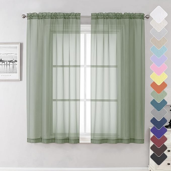 Lecloud Sage Green Sheer Curtains 63 Inch Long 2 Panels, Elegant Voile Drapes by Lecloud