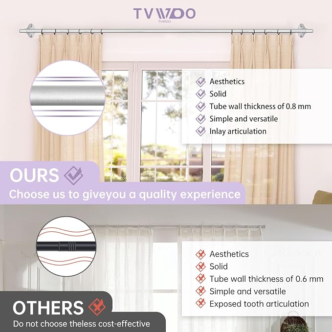 TVWOO Silver Wrap Around Curtain Rods:5/8 In Blackout Adjustable Window Curtain - Image 6