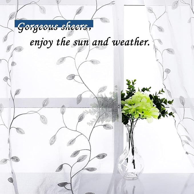 MRTREES Sheer Voile Curtain Valances, Leaves Embroidered Valance Curtains Rod - Image 4