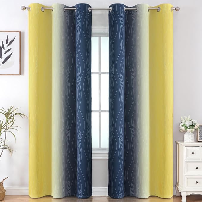 Estelar Textiler Yellow and Navy Blue Ombre Blackout Curtains - Image 2