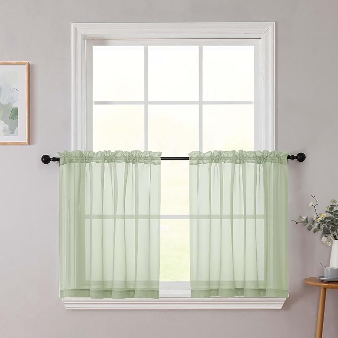 Kitchen Curtains 24 Inch Length Tier 2 Pieces, Light Green Sheer Curtain Solid by WelvetBLK