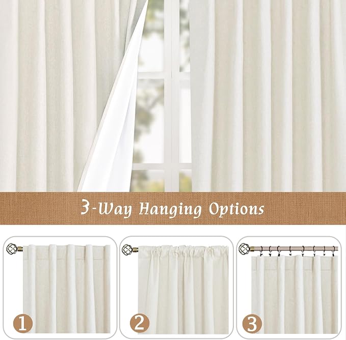 60 Inch 100% Blackout Ivory Linen Curtains 2 Panels, 52 x 60 Inch | Linen - Image 8