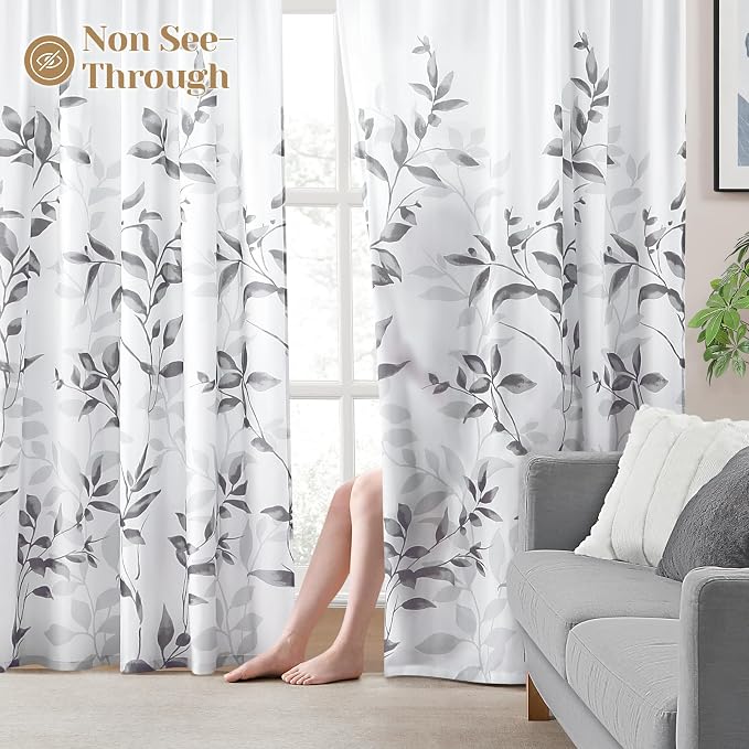 HOMEIDEAS Grey and White Semi Sheer Curtains, 84 Inches Long Light Filtering - Image 2