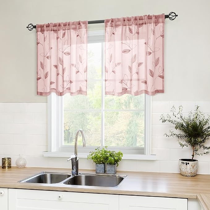 HOMEIDEAS Blush Pink Sheer Kitchen Curtains 30 X 24 Inch Length 2 Panels by HOMEIDEAS