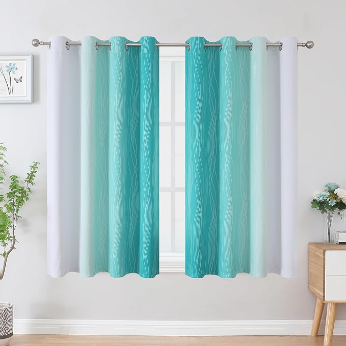 Estelar Textiler Teal and Greyish White Blackout Curtains 45 Inch Length - Image 2