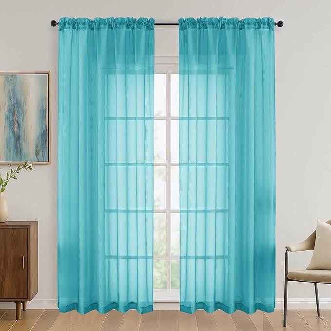 OVZME Turquoise Sheer Curtains 84 Inches Long 2 Panels Set, Light Filtering by OVZME