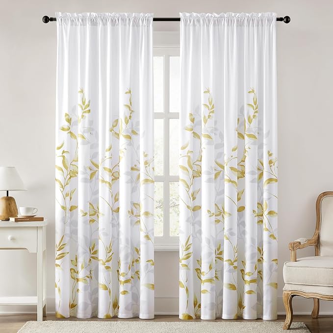 HOMEIDEAS Non-See-Through Gold and White Privacy Sheer Curtains 52 X 96 Inches by HOMEIDEAS