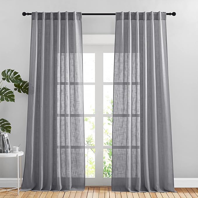 NICETOWN Linen Sheer Curtains for Living Room, Rod Pocket & Back Tab Semi Sheer by NICETOWN